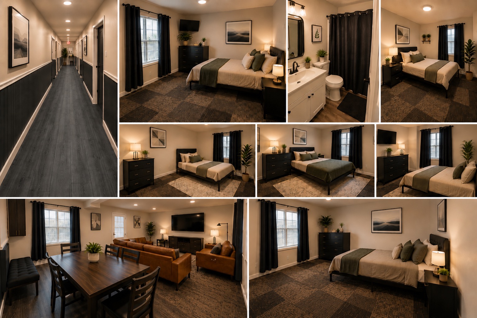 Collage of apartment-style rooms, bathroom, and shared living space
